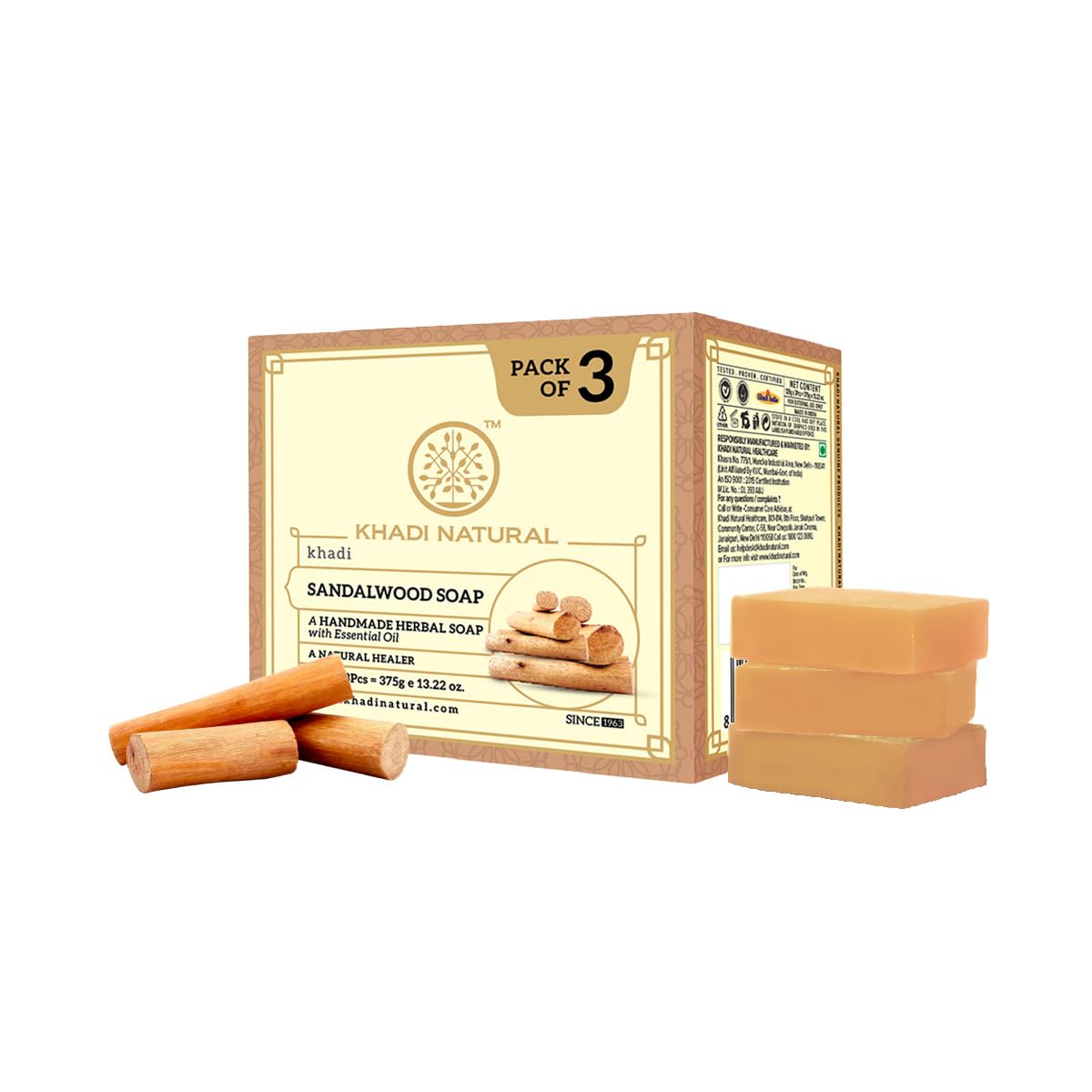Khadi Natural Sandalwood Soap | Bathing Bar with Essential Oils | Calms and Nourishes Skin | For Smooth, Healthy Glow | Suitable for All Skin Types | Pack of 3 (125g x 3) | 375g