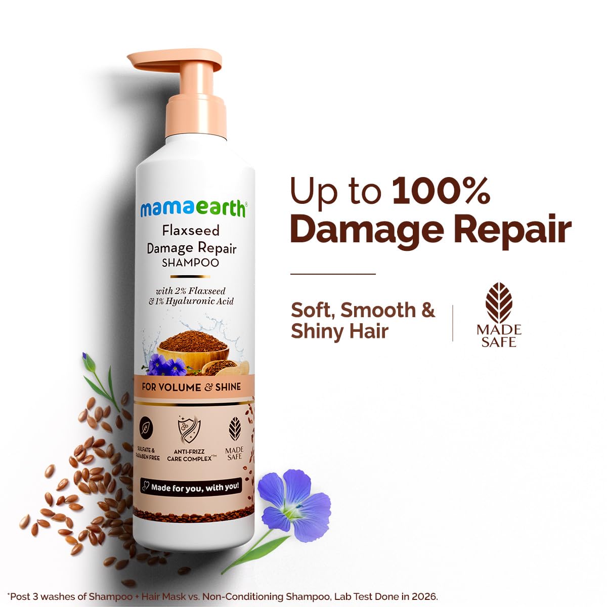 Mamaearth Flaxseed Damage Repair Shampoo with 2% Flaxseed & 1% Hyaluronic Acid for Volume & Shine -250 ml